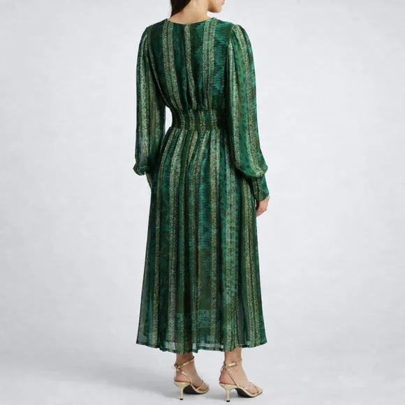 CIEBON Onella Metallic Stripe Chiffon Midi Dress Green Gold NWT Size L - Picture 11 of 11